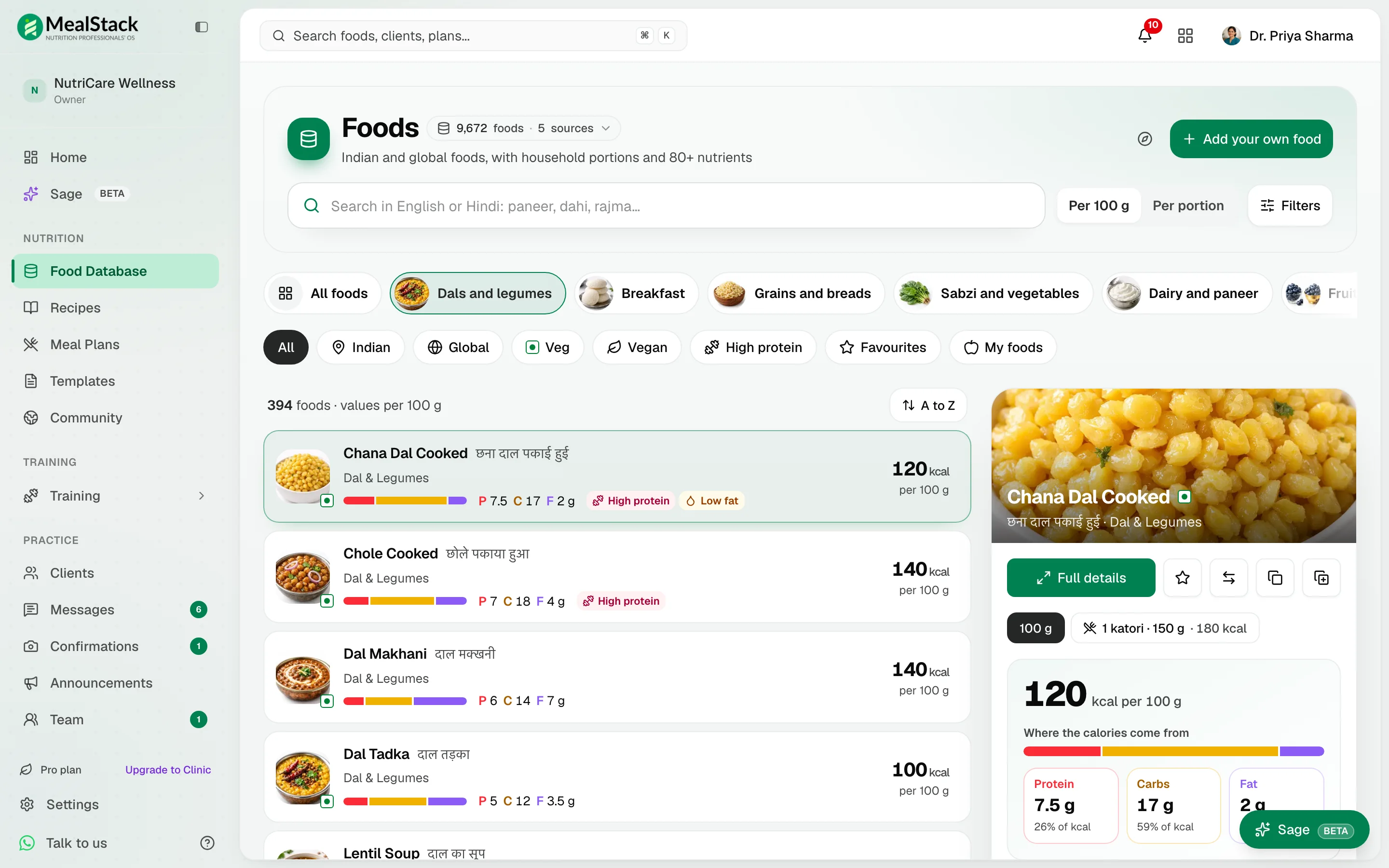 Foods: shelves of dals, breakfasts and grains over a list with Hindi names and where each food's calories come from